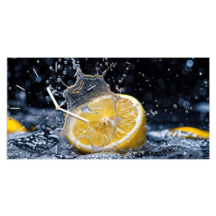 Wanduhr Zitronenspritzer aus Glas – Querformat 60 × 30 cm mit Ziffernblatt Linie