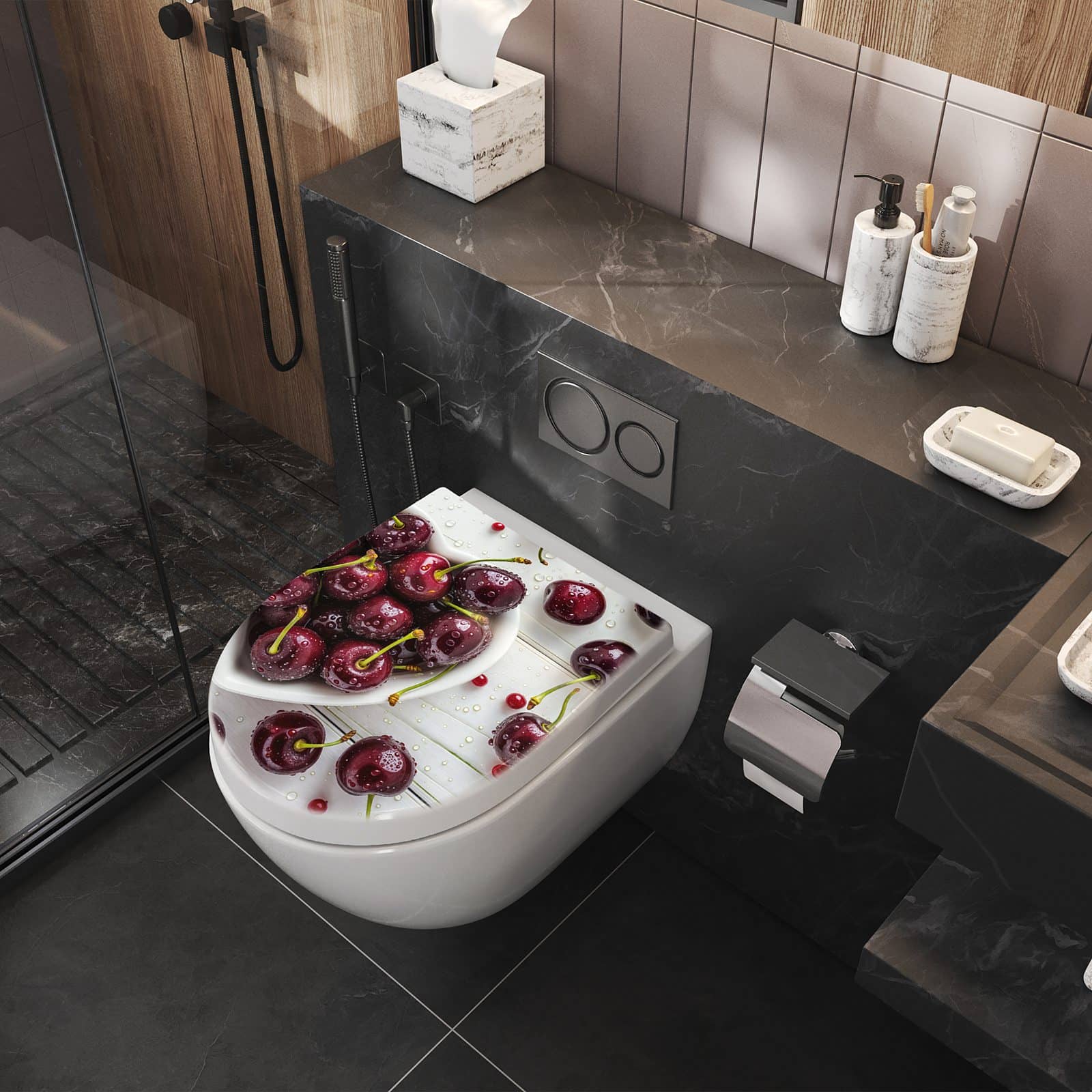 Pflegeleichte WC-Brille mit Motiv Frische & Kirschen im Badezimmer seitliche Perspektive