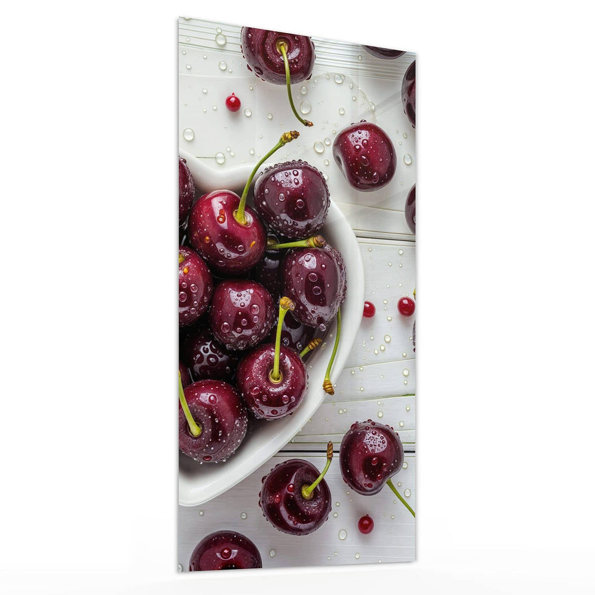 Glasbild Kirschen in Herzschale von der Seite, 4 mm Echtglas