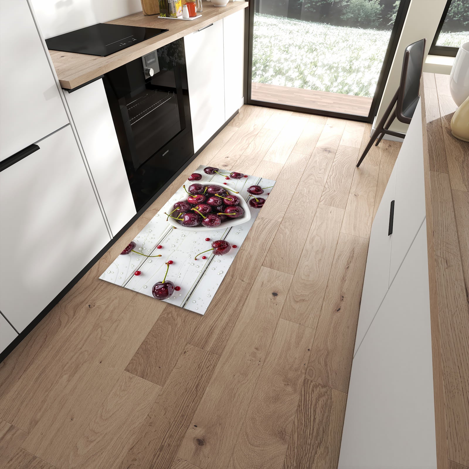 Waschbarer Küchenläufer mit Motiv Frische Kirschen in der Grösse 80x200 cm für angenehme Haptik
