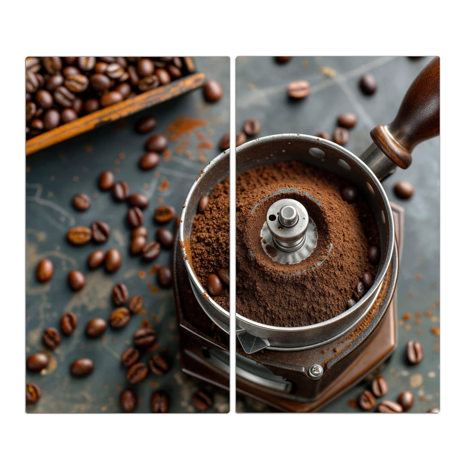 2-teilige Herdabdeckplatte aus Glas mit Kaffeemühle-Motiv in der Frontansicht