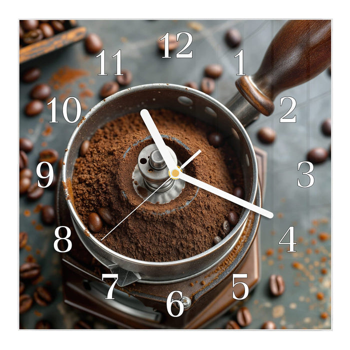 Wanduhr Kaffeemühle aus Glas – Quadratisch 30 × 30 cm mit Ziffernblatt Klassisch