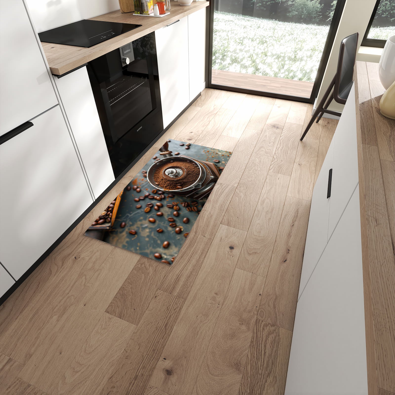 Farbbeständiger waschbarer Küchenläufer mit Motiv Kaffeemühle in moderner Küche #grösse_60 x 120 cm