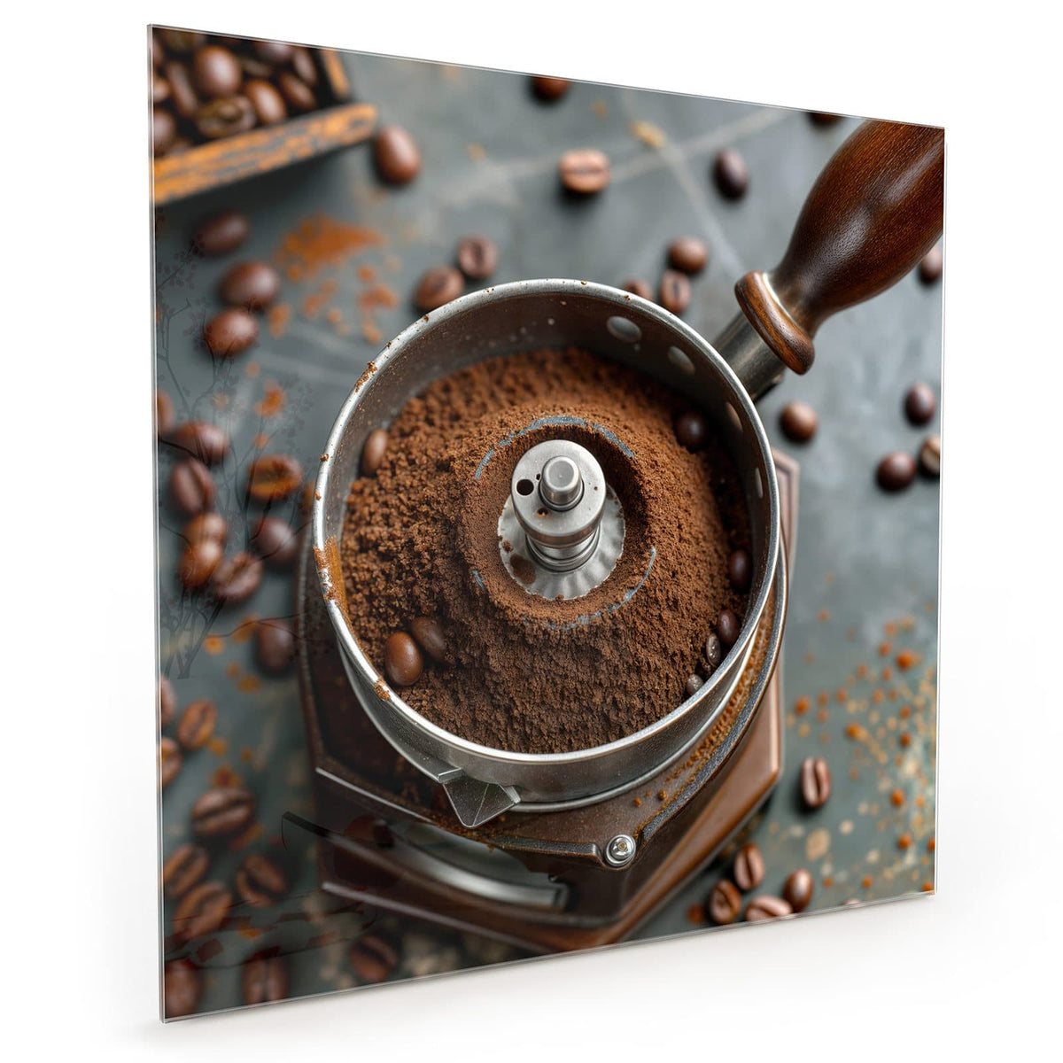 Küchenrückwand aus Glas im quadratischen Format: Alte Kaffeemühle von oben, gefüllt mit gemahlenem Kaffee, ringsum Bohnen #grösse_40 x 40 cm #grösse_50 x 50 cm #grösse_60 x 60 cm