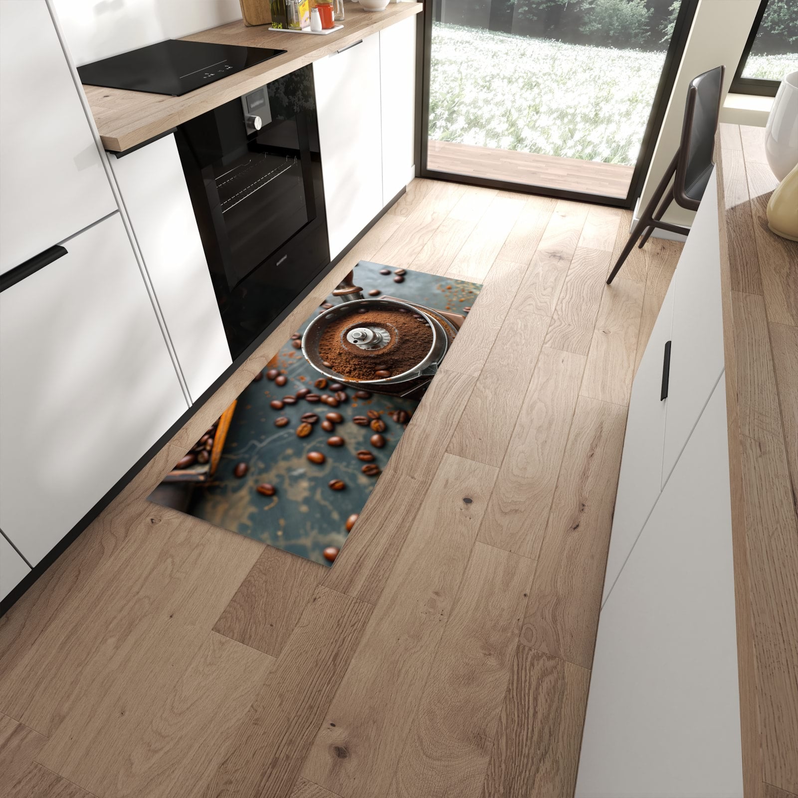 Formstabiler langer Teppich mit Motiv Kaffeemühle in moderner Küche #grösse_60 x 150 cm
