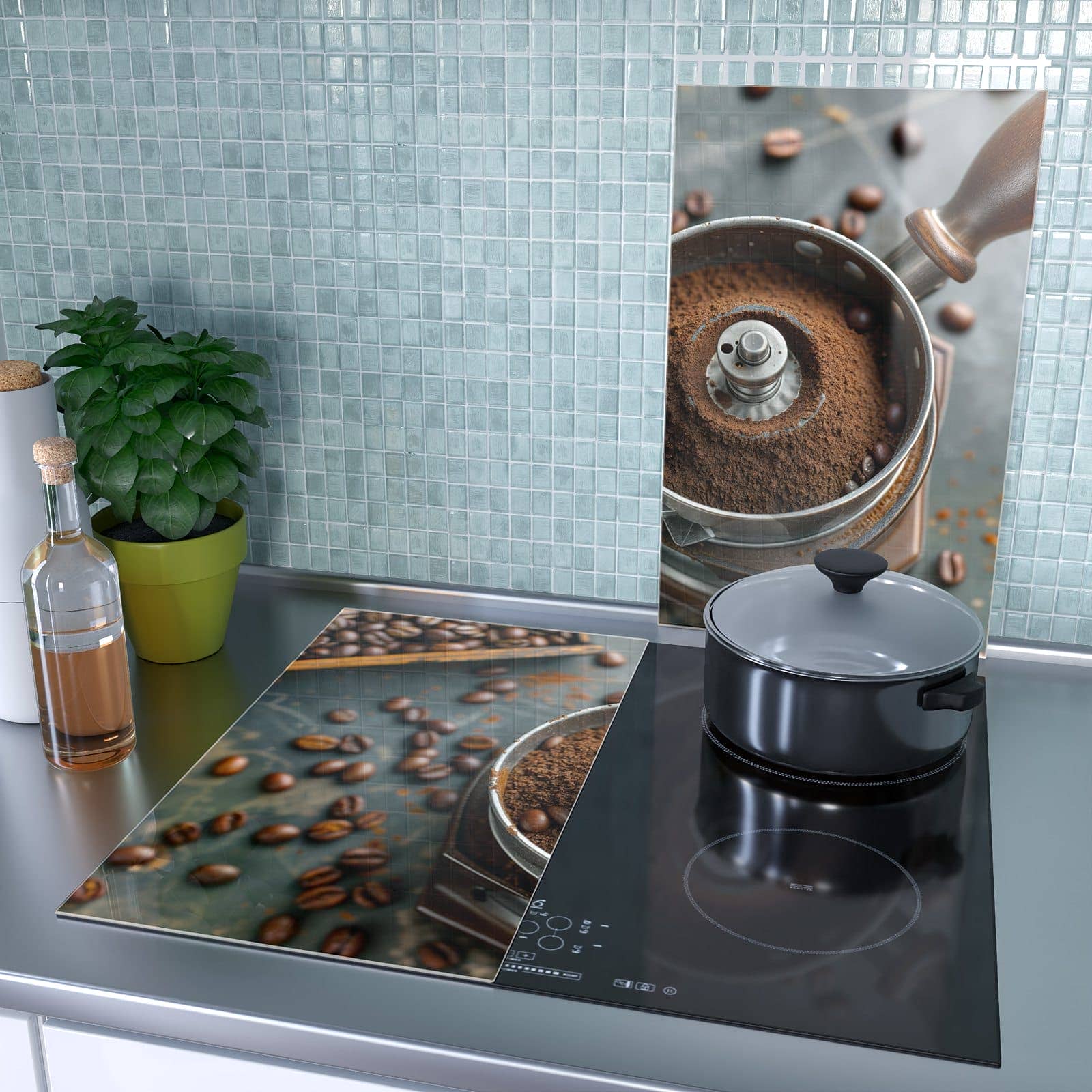 2-teilige Ceranfeldabdeckungen mit Kaffeemühle-Motiv als Spritzschutz hinter dem Kochfeld