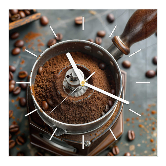 Wanduhr Kaffeemühle aus Glas – Quadratisch 30 × 30 cm mit Ziffernblatt Linie