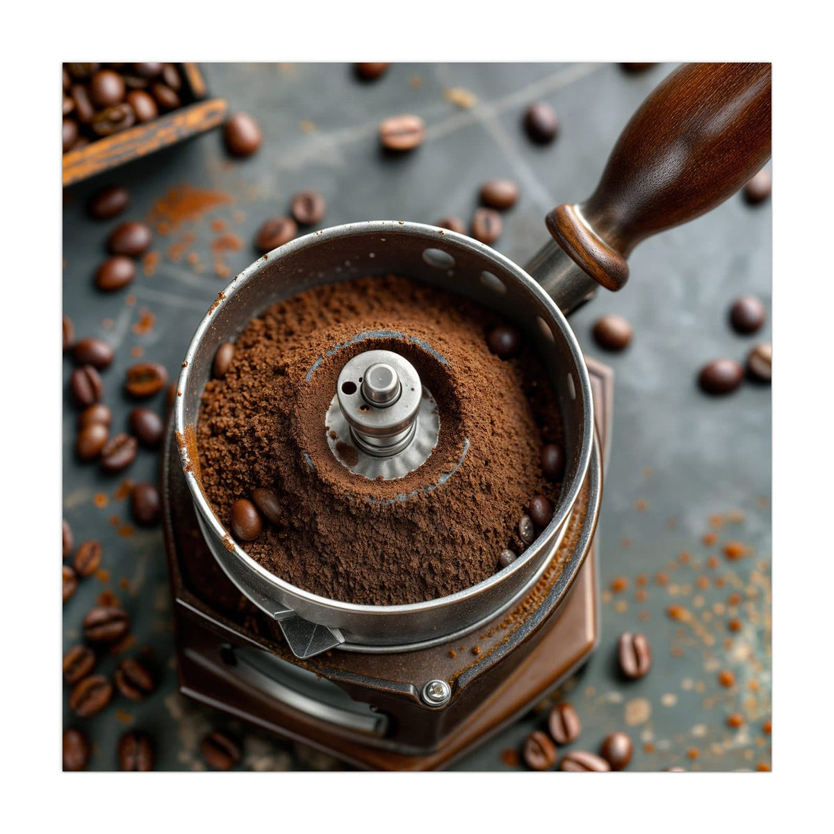 Küchenrückwand aus Glas Kaffeemühle im quadratischen Format, Motiv bildfüllend von vorn