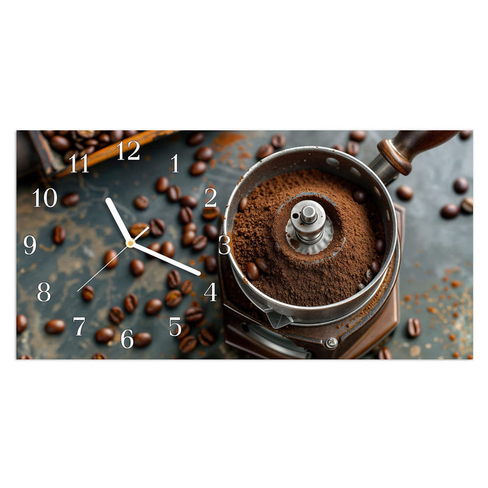 Wanduhr Kaffeemühle aus Glas – Querformat 60 × 30 cm mit Ziffernblatt Klassisch