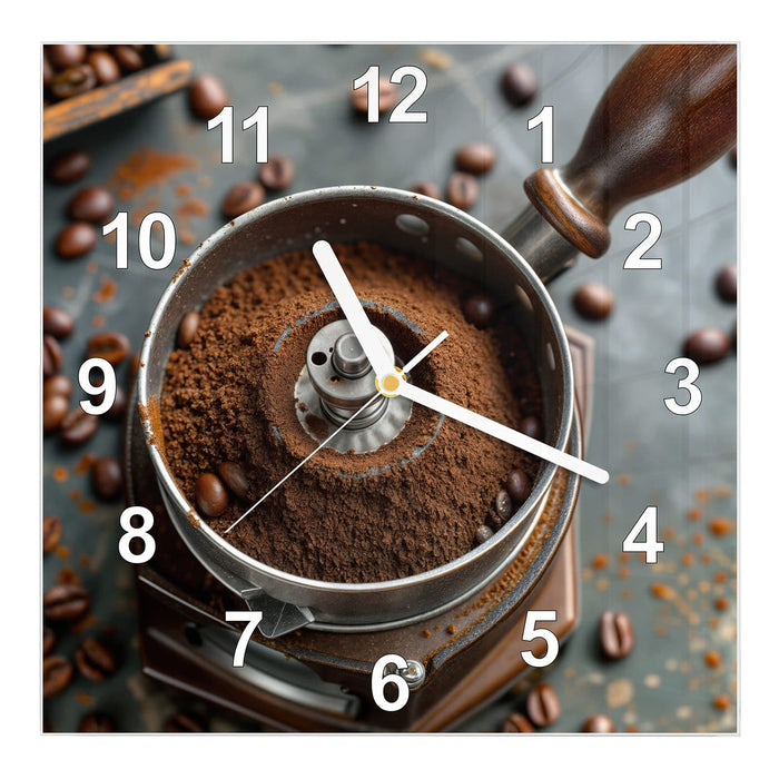 Wanduhr Kaffeemühle aus Glas – Quadratisch 30 × 30 cm mit Ziffernblatt Modern
