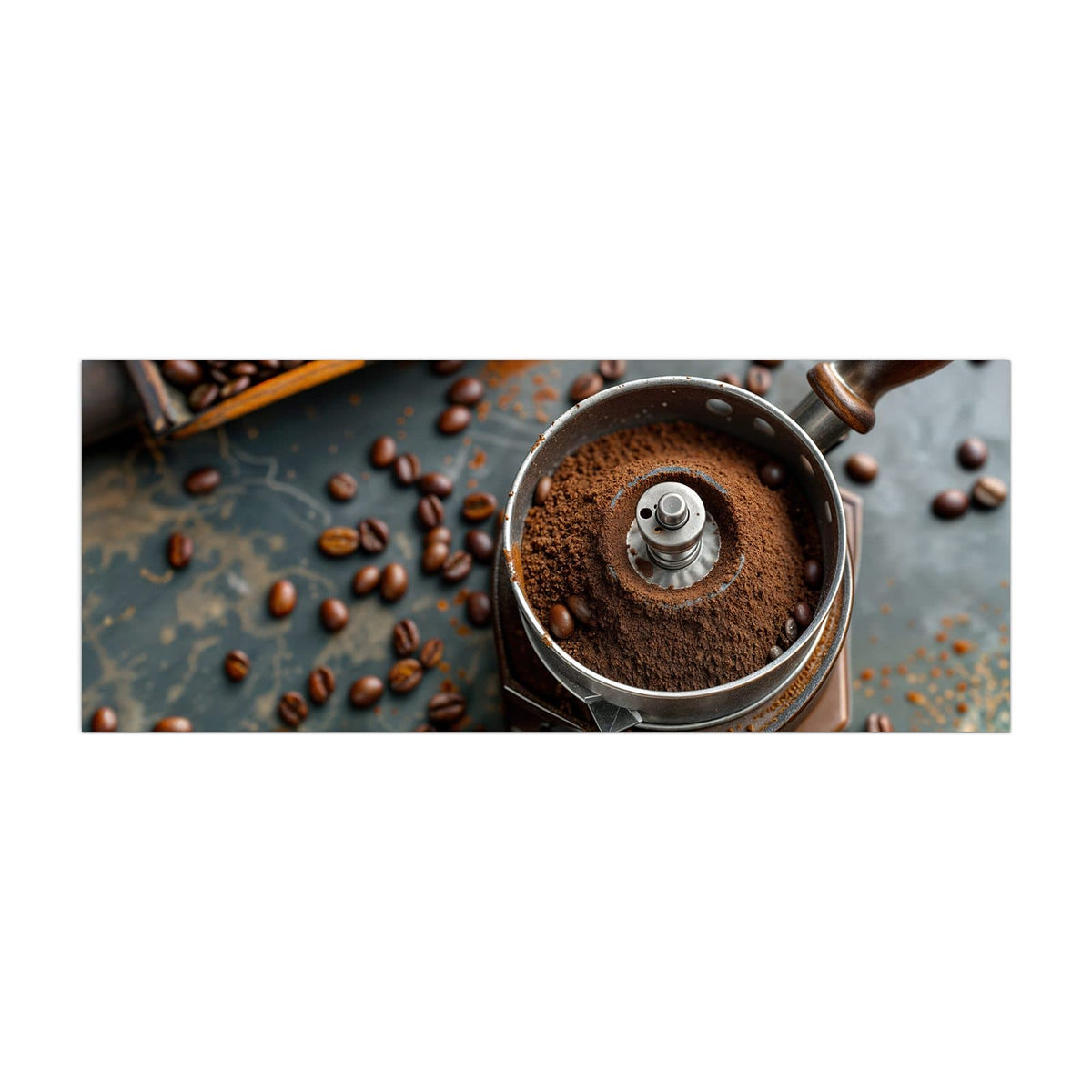 Küchenrückwand aus Glas Kaffeemühle im Hochformat, Motiv bildfüllend von vorn