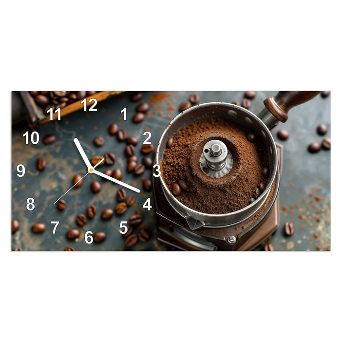 Wanduhr Kaffeemühle aus Glas – Querformat 60 × 30 cm mit Ziffernblatt Modern