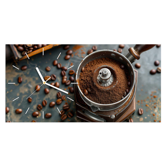 Wanduhr Kaffeemühle aus Glas – Querformat 60 × 30 cm mit Ziffernblatt Linie