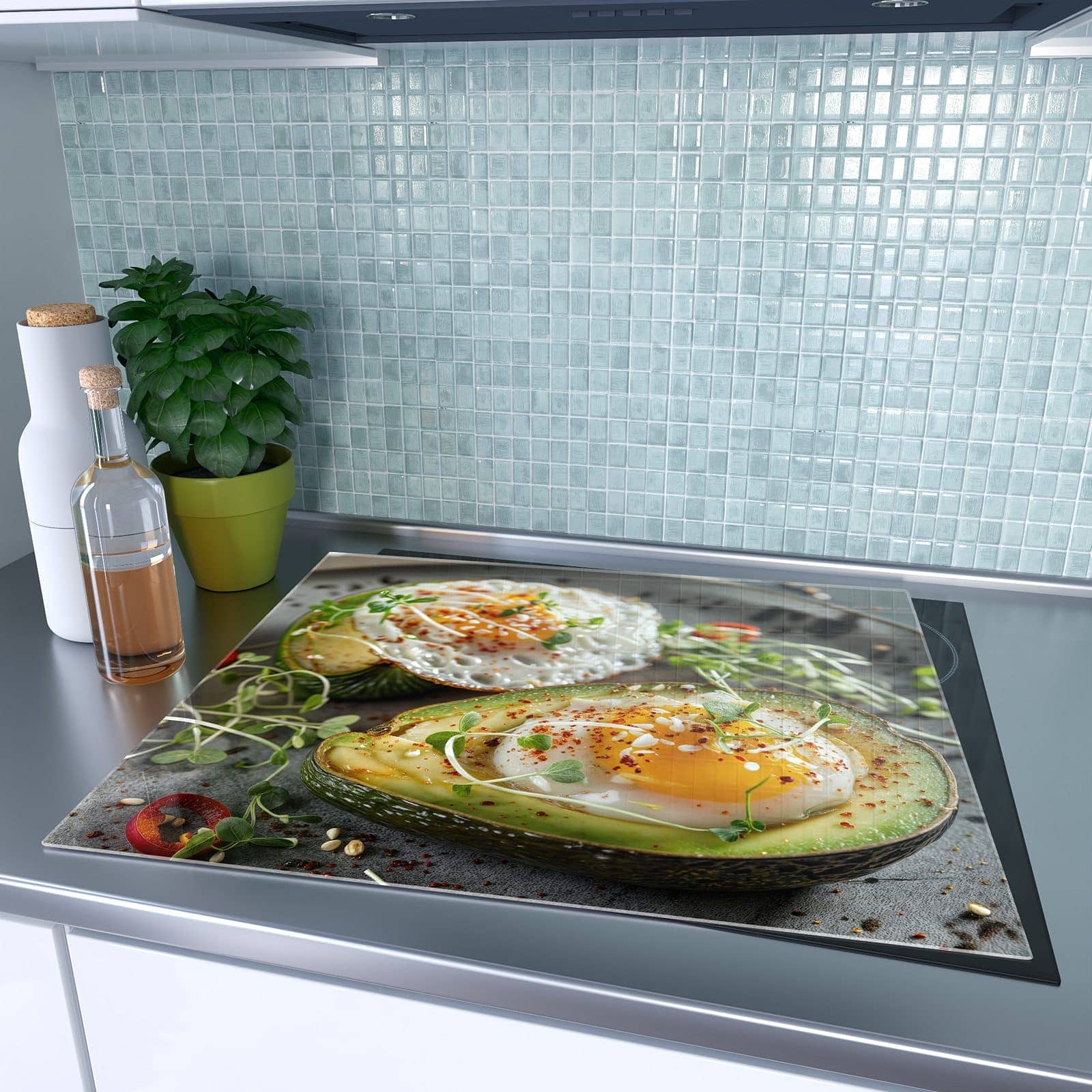 1-teilige Herdabdeckplatte mit Avocado Frühstück-Motiv auf dem Ceranfeld