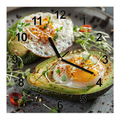 Wanduhr Quadratisch mit dem Motiv Ei in Avocadohälften