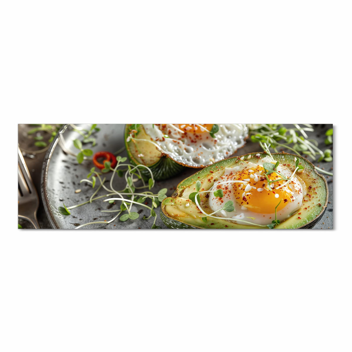 Waschbarer Küchenteppich mit Motiv Avocado Frühstück in Frontansicht für einfache Reinigung
