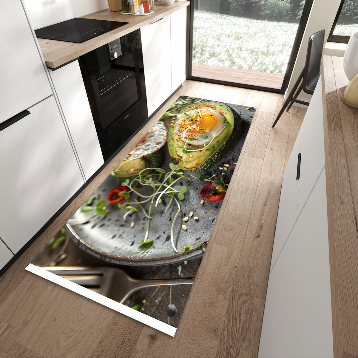 Bodenschonender waschbarer Küchenläufer mit Motiv Avocado Frühstück in moderner Küche