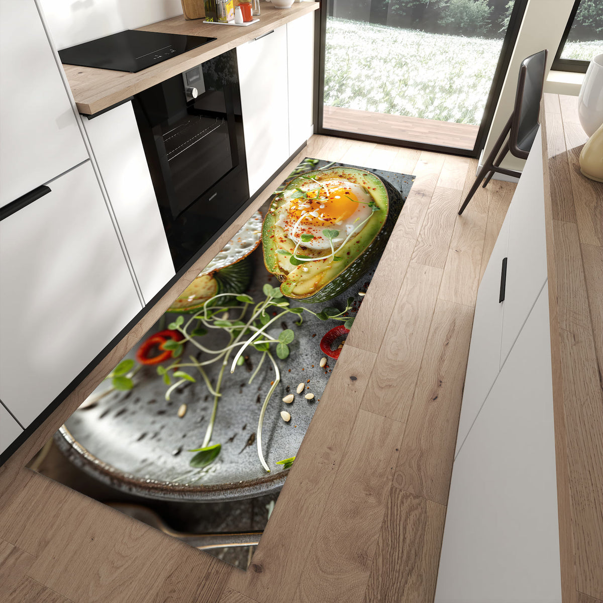Rutschfester waschbarer Küchenteppich mit Motiv Avocado Frühstück in moderner Küche