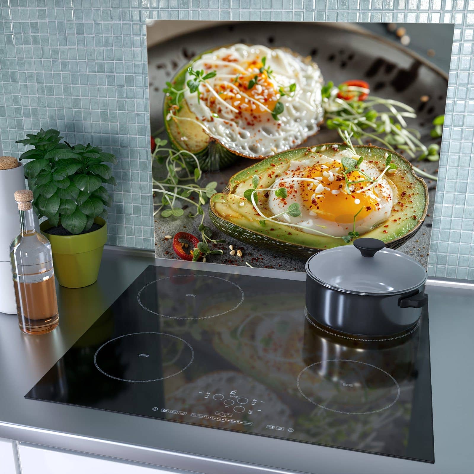 1-teilige Herdabdeckplatte für Ceranfeld mit Avocado Frühstück-Motiv als Spritzschutz