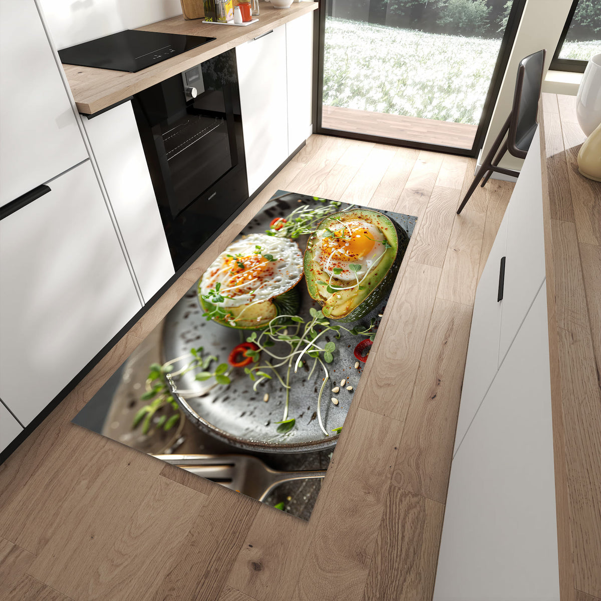 Ordnungsschaffender Teppichläufer mit Motiv Avocado Frühstück in moderner Küche