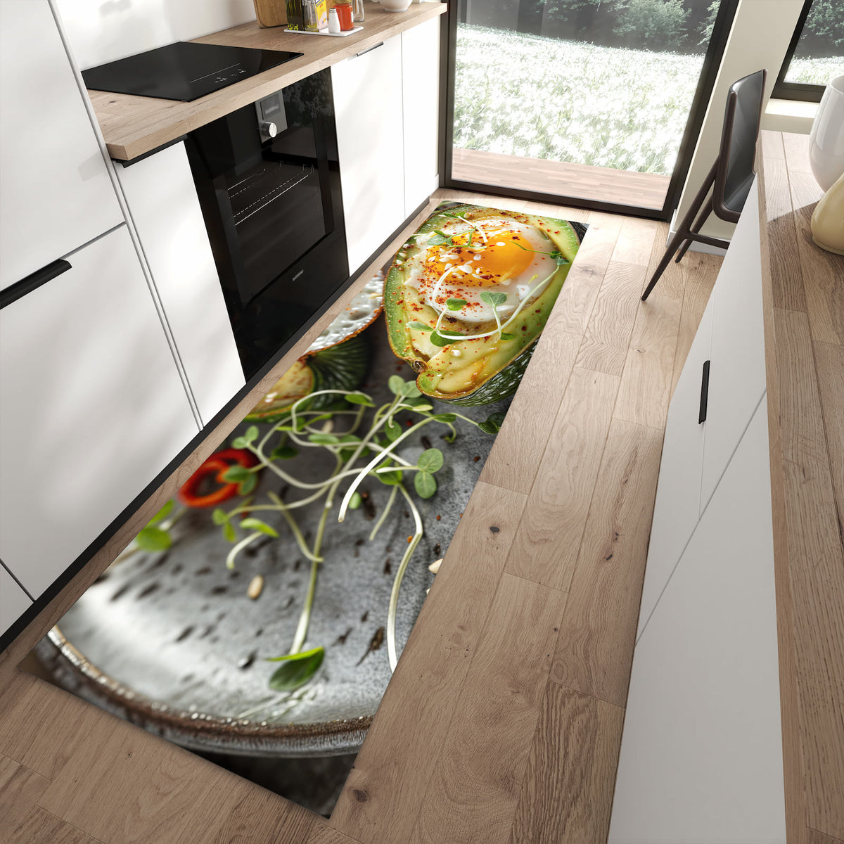 Feuchtigkeitsresistenter Küchenläufer mit Motiv Avocado Frühstück in moderner Küche