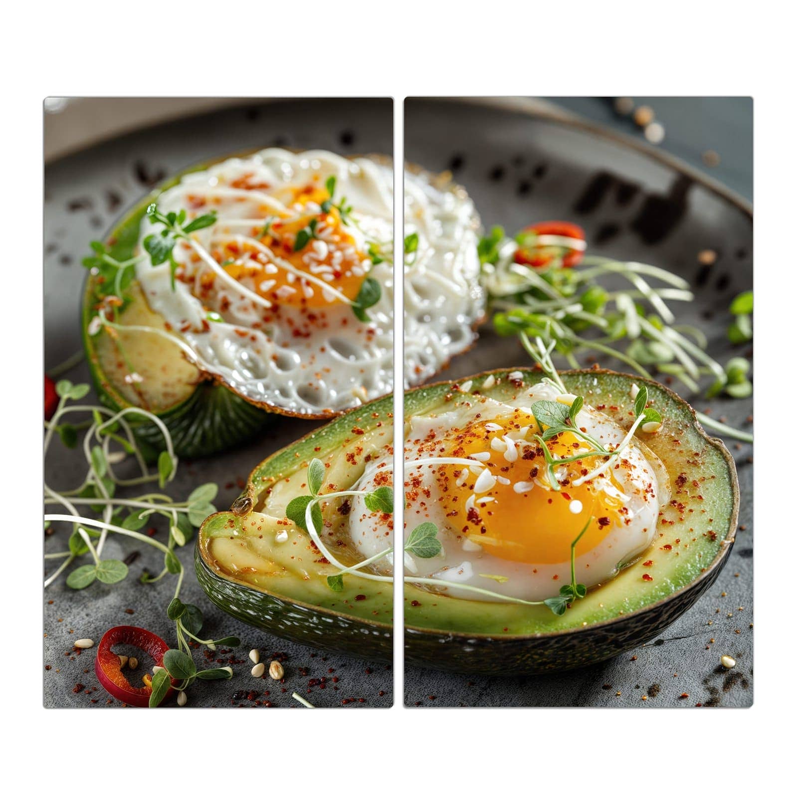 2-teilige Glasplatte Herd mit Avocado Frühstück-Motiv in der Frontansicht #grösse_2-Teilig (60x52cm)