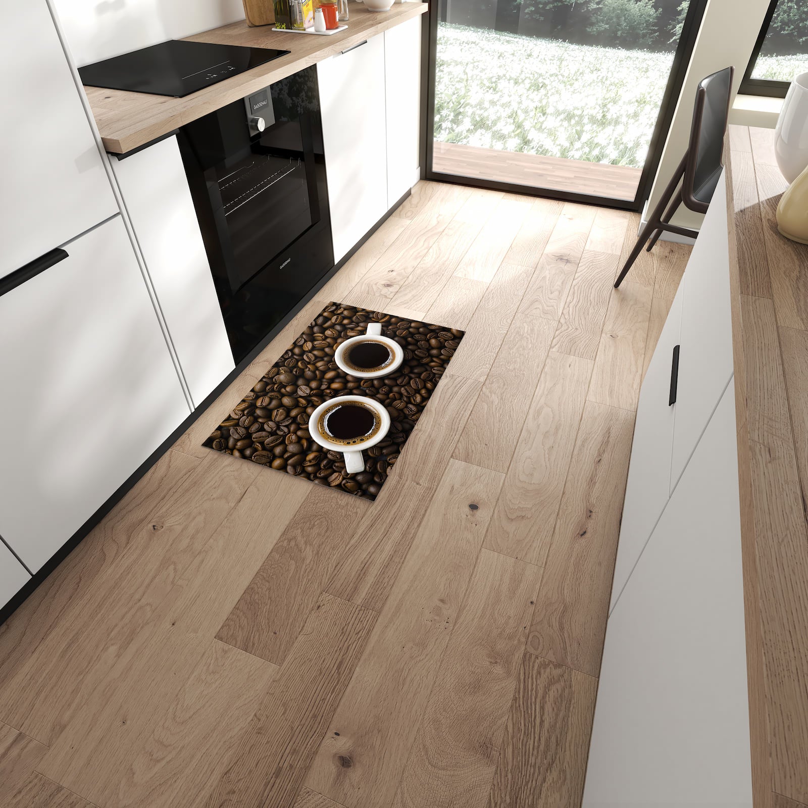 Wasserabweisender Küchenläufer mit Motiv Kaffeebohnen und Tassen in moderner Küche