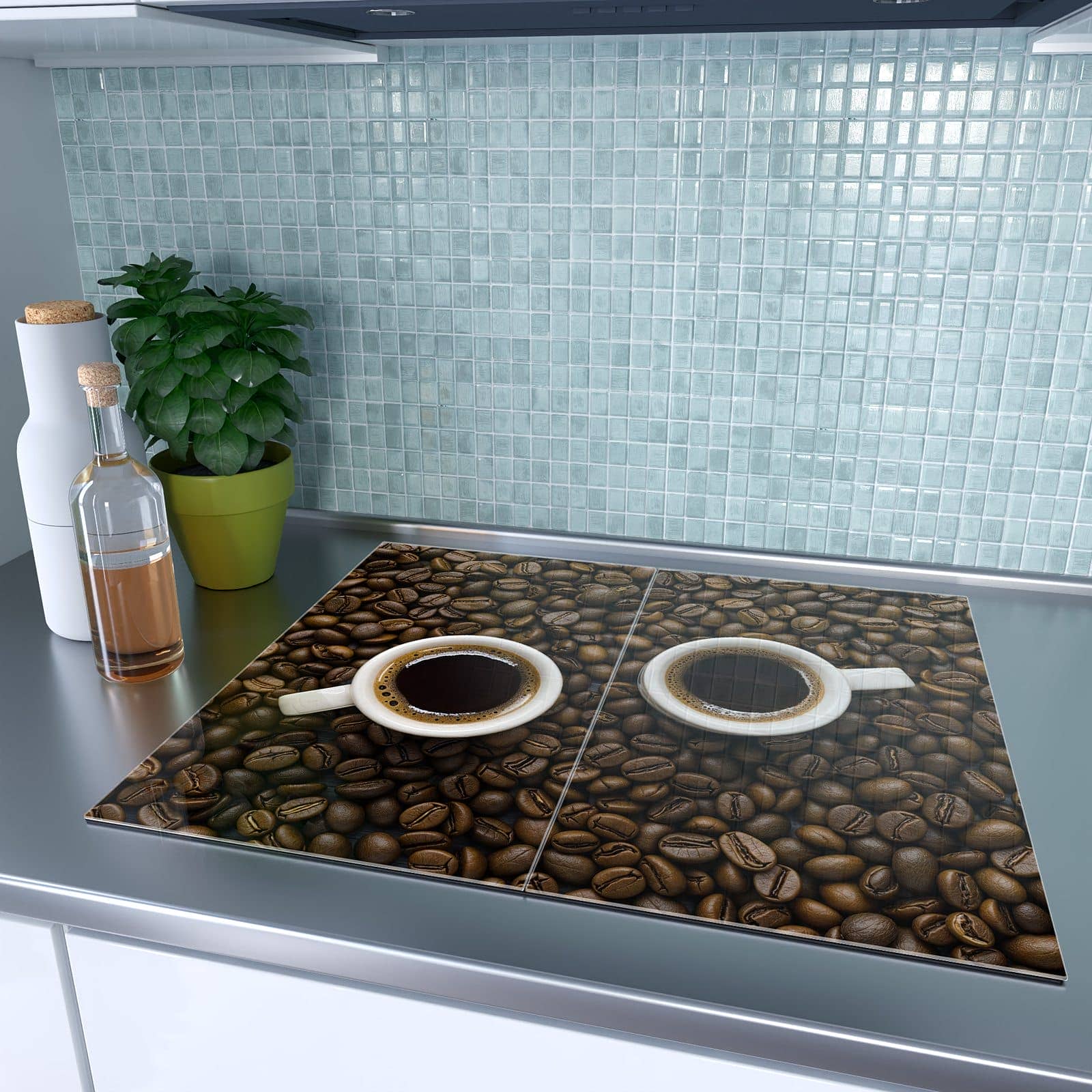 2-teilige Herdschutzplatte mit Kaffeebohnen und Tassen-Motiv auf dem Ceranfeld