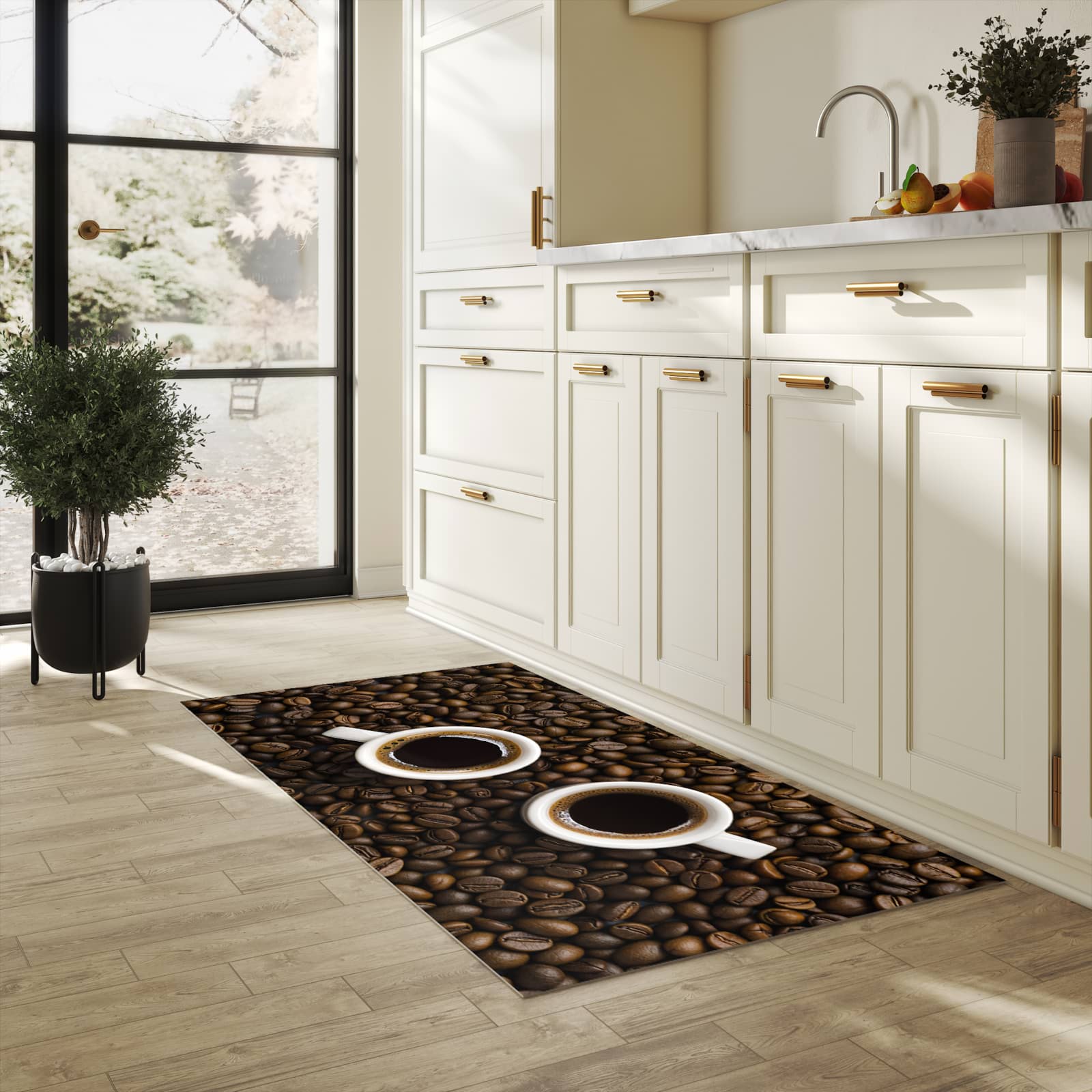 Geruchsneutraler rutschfester Küchenläufer mit Motiv Kaffeebohnen und Tassen in heller Küche