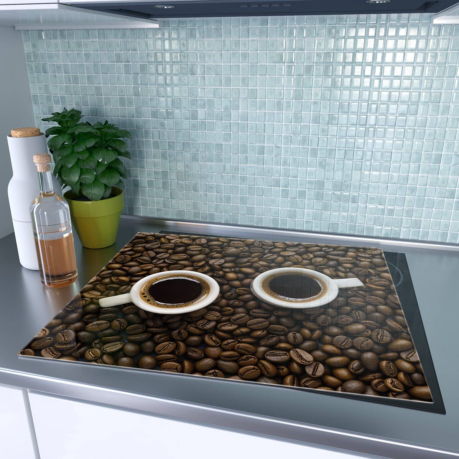 1-teilige Herdabdeckplatte aus Glas mit Kaffeebohnen und Tassen-Motiv auf dem Ceranfeld