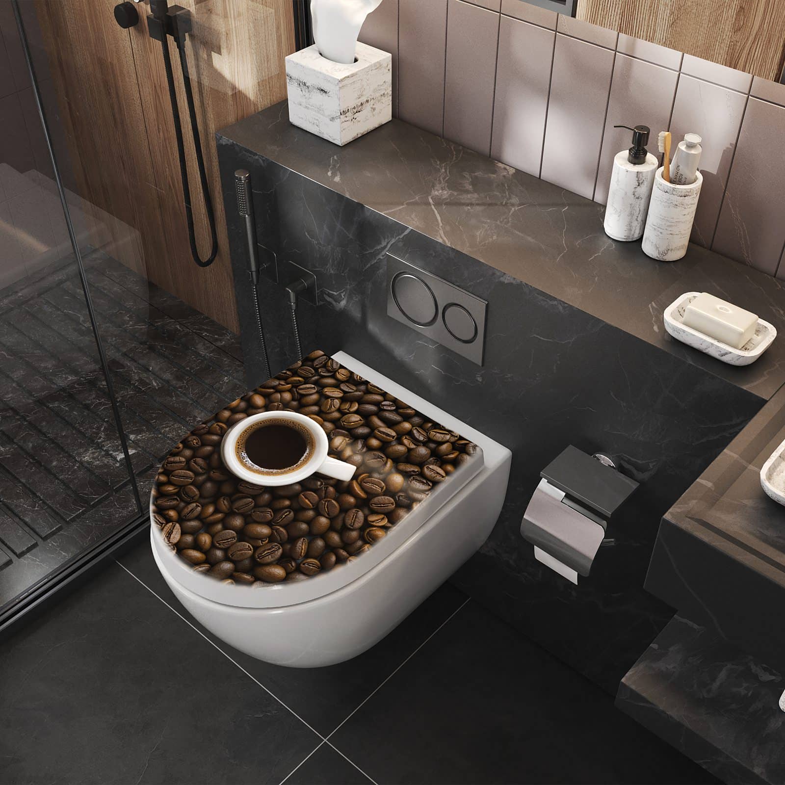 WC-Sitz mit Absenkautomatik Kaffeebohnen und Tassen