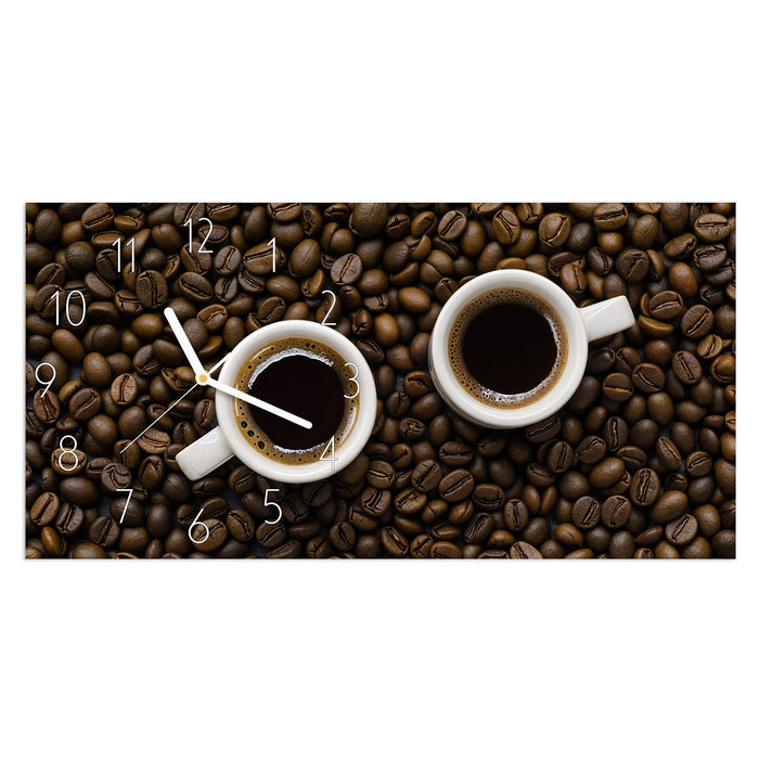Wanduhr Kaffeebohnen und Tassen aus Glas – Querformat 60 × 30 cm mit Ziffernblatt Elegant