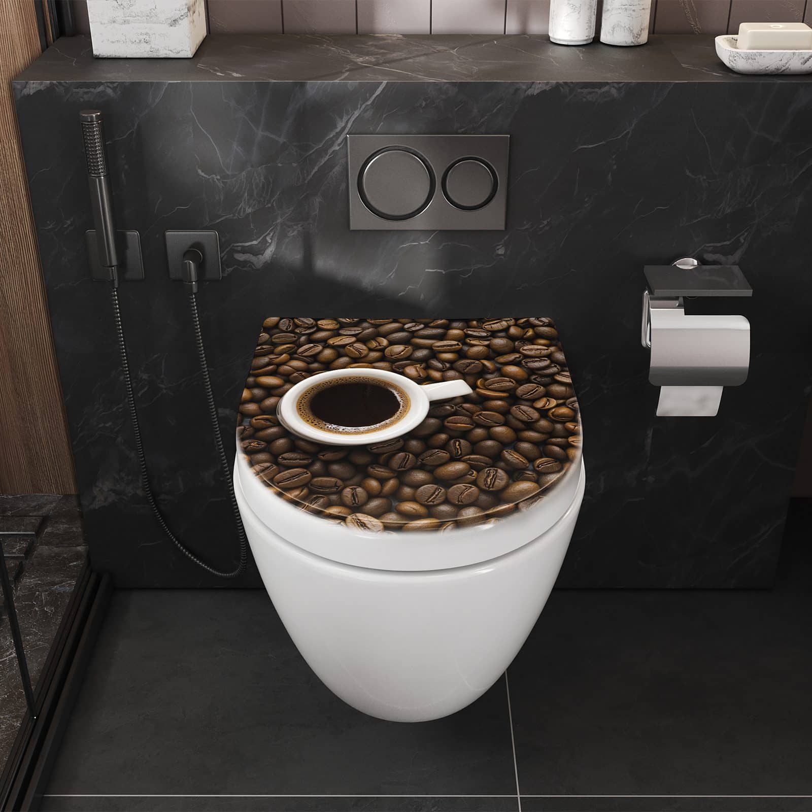WC-Sitz mit Absenkautomatik Kaffeebohnen und Tassen