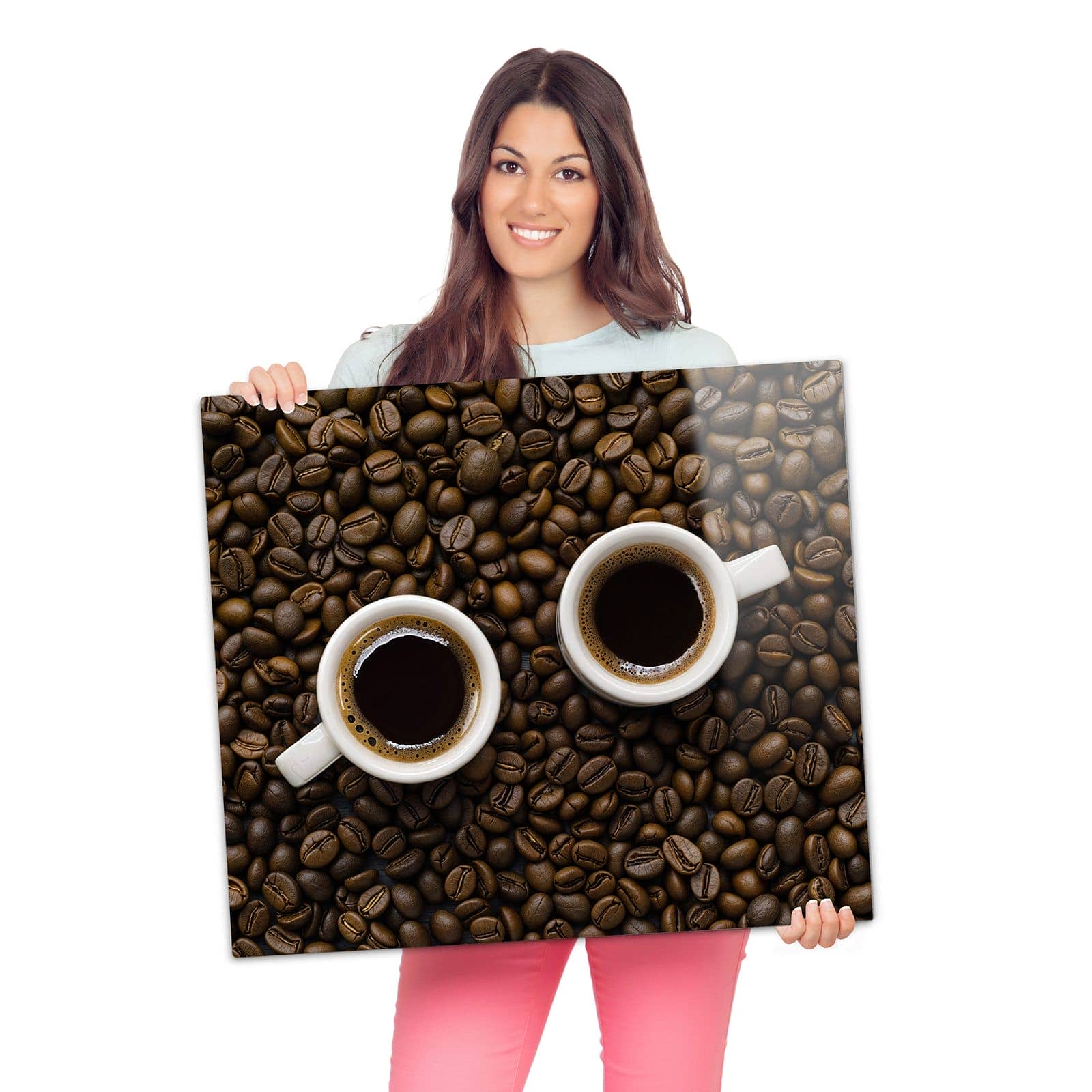 Abdeckplatten für den Herd mit Kaffeebohnen und Tassen-Motiv wird zur Größendarstellung gehalten