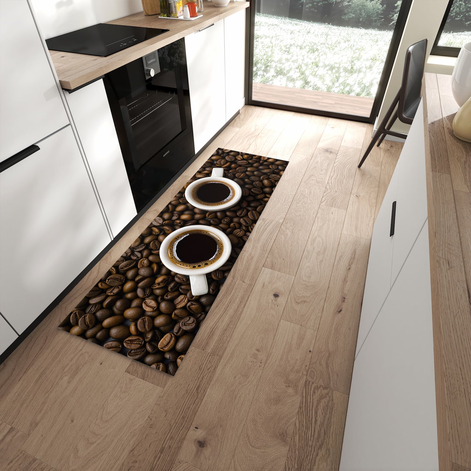 Geräuschdämpfender Küchenläufer mit Motiv Kaffeebohnen und Tassen in moderner Küche