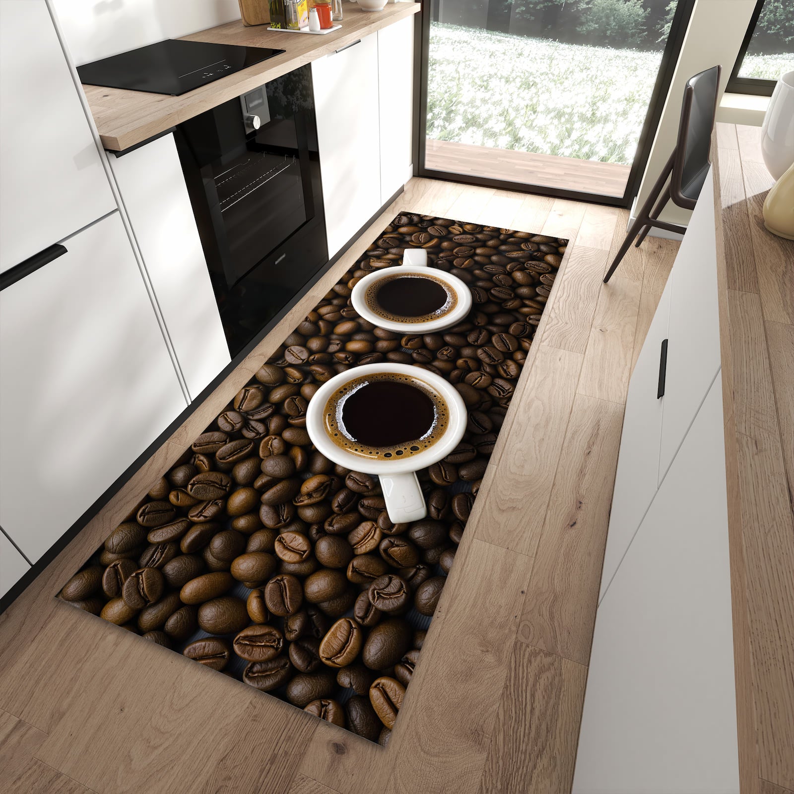 Pflegeleichter Teppich für die Küche mit Motiv Kaffeebohnen und Tassen in moderner Küche