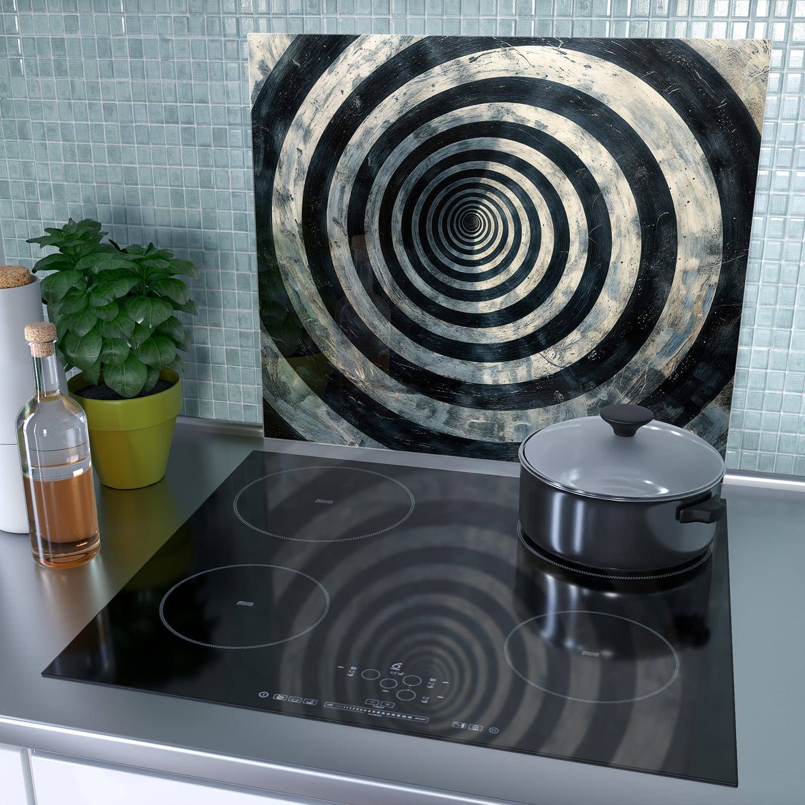1-teilige Ceranfeld Abdeckplatten mit Hypnotische Spirale-Motiv als Spritzschutz hinter dem Kochfeld