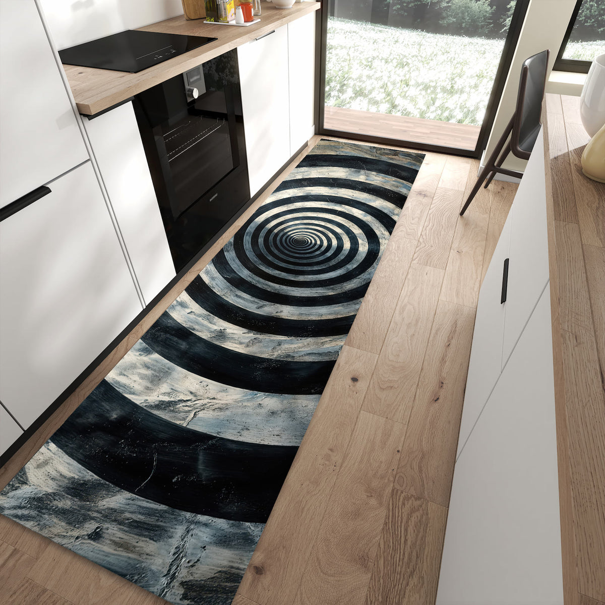 Bodenschonender Küchenläufer mit Motiv Hypnotische Spirale in moderner Küche