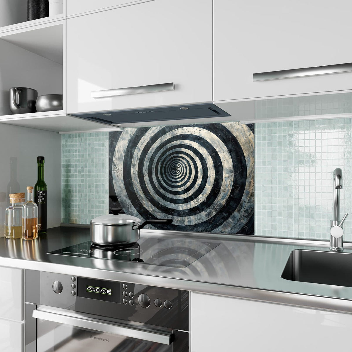 Küchenrückwand aus Glas Kreise in Schwarz-Weiß im Hochformat als Spritzschutz hinter dem Kochfeld, über dem Fliesenspiegel montiert