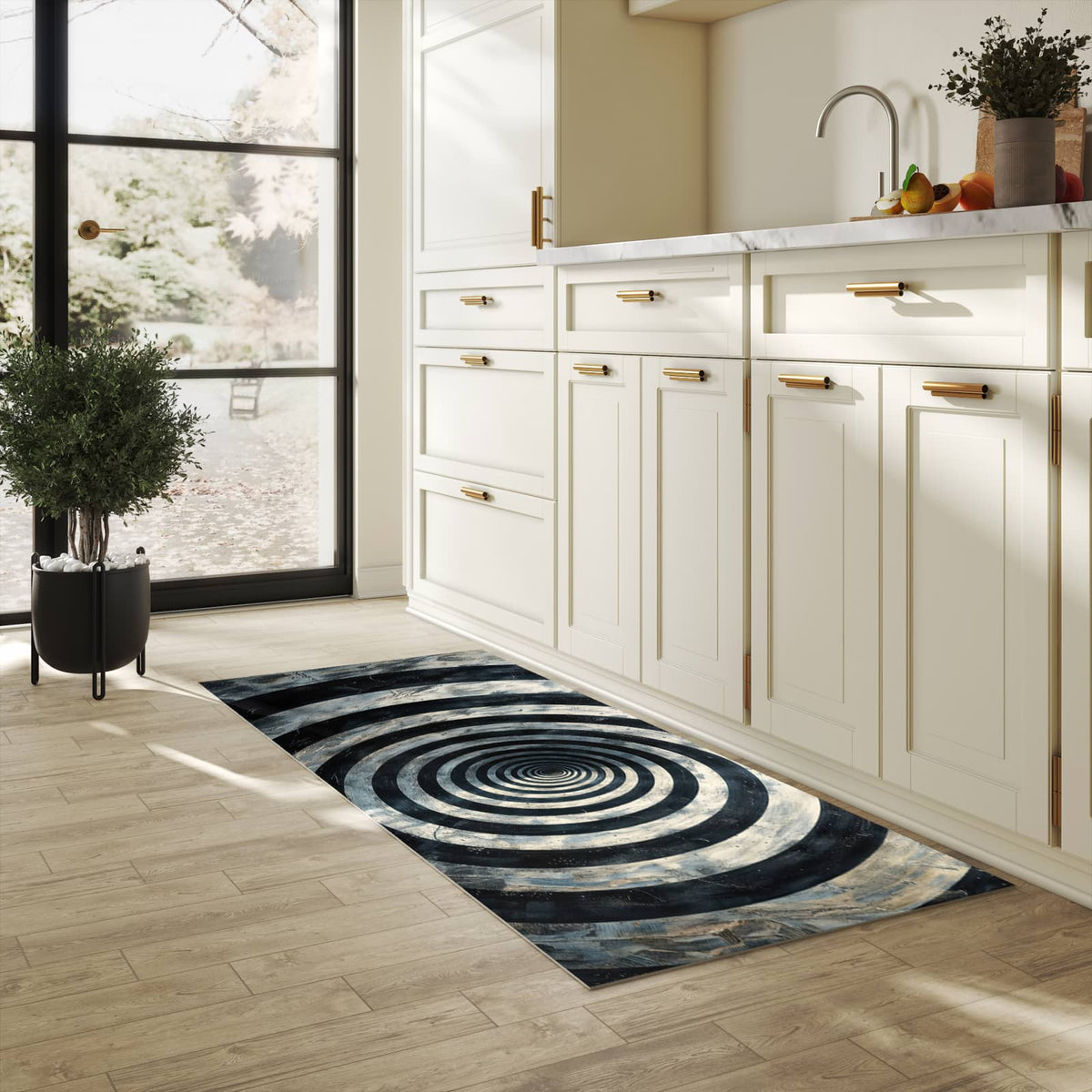Langlebiger Küchenteppich mit Motiv Hypnotische Spirale in heller Küche