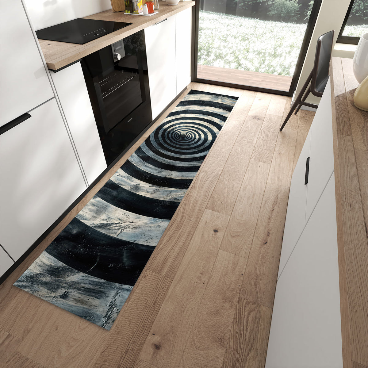 Waschbarer großer Küchenteppich mit Motiv Hypnotische Spirale in moderner Küche