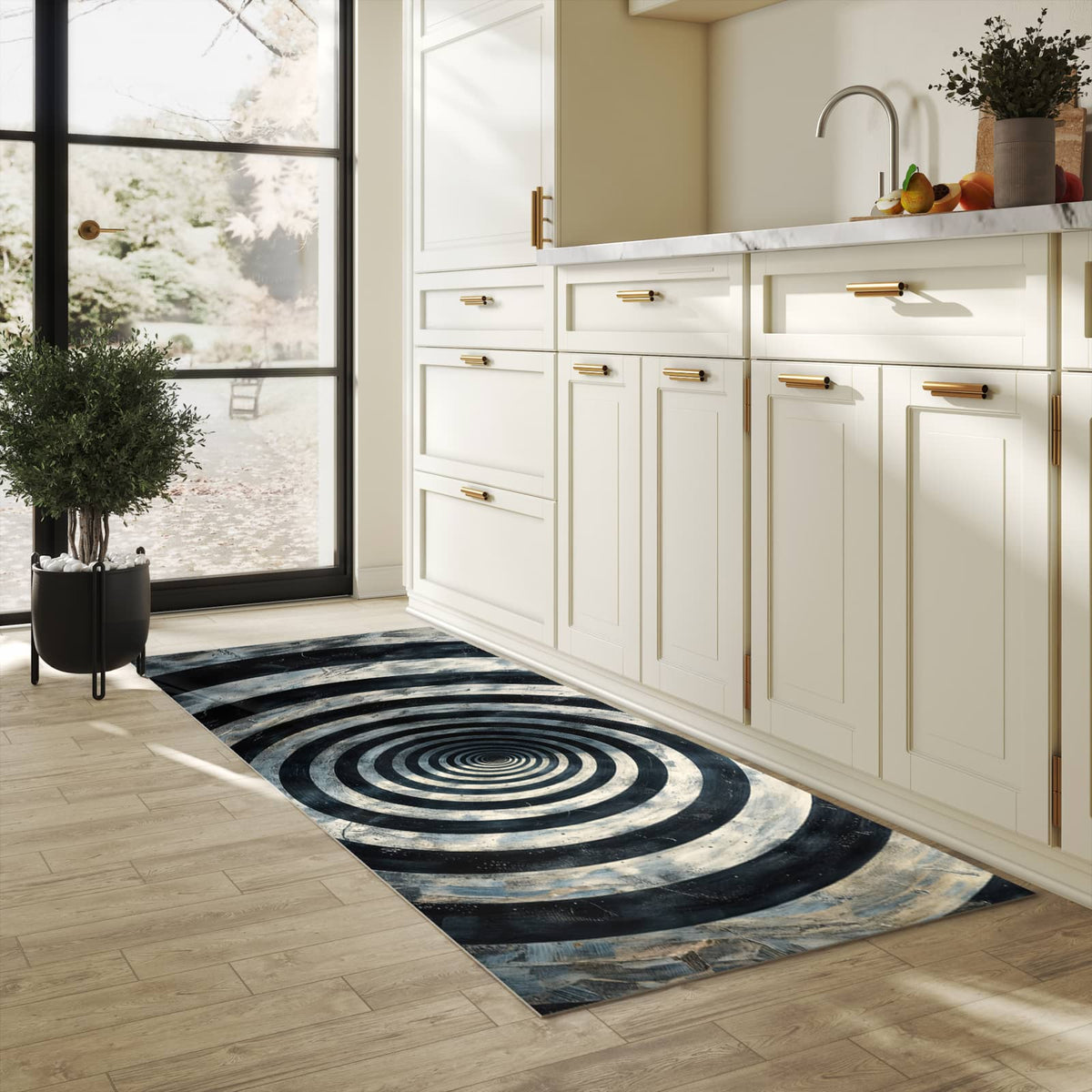 Bodenschonender waschbarer Küchenteppich mit Motiv Hypnotische Spirale in heller Küche