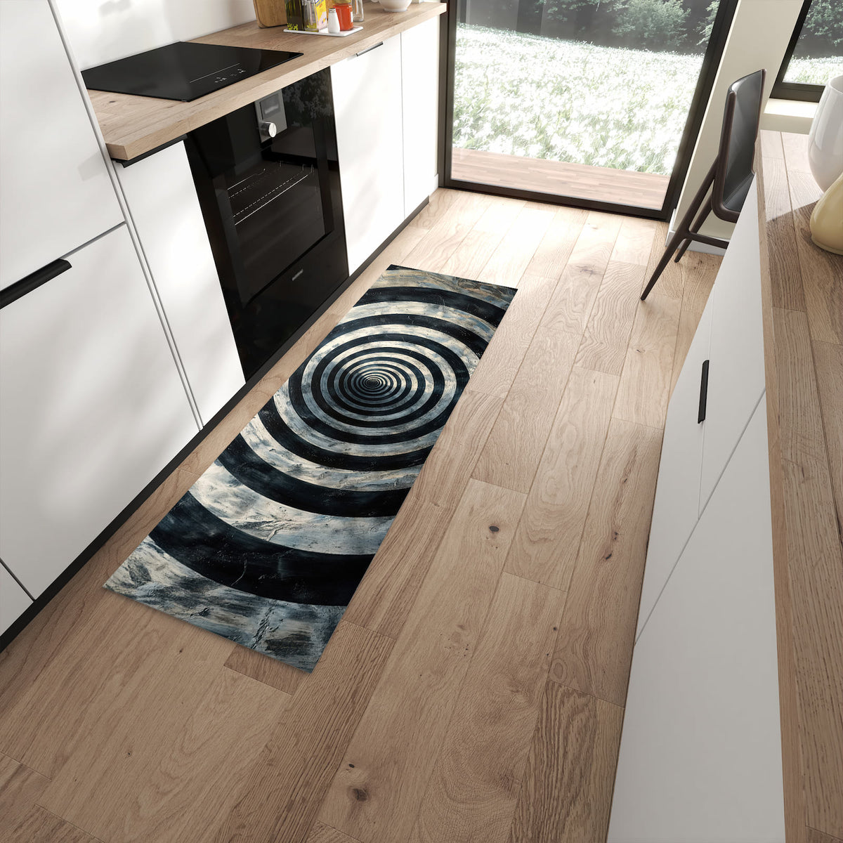 Hygienischer Küchenteppich mit Motiv Hypnotische Spirale in moderner Küche - leicht waschbar