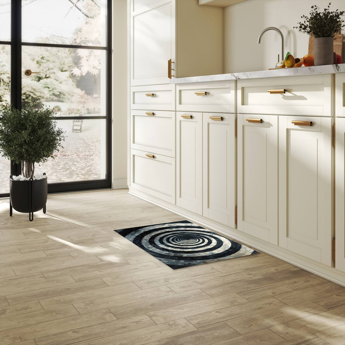 Waschbarer Bodenläufer Teppich mit Motiv Hypnotische Spirale in heller Küche