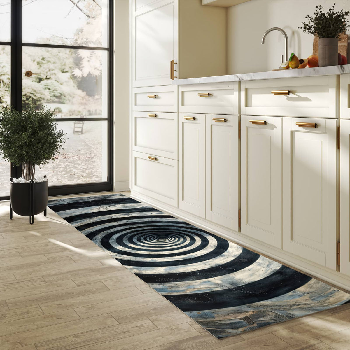 Rutschfester Küchenteppich mit Motiv Hypnotische Spirale in heller Küche schützt den Boden