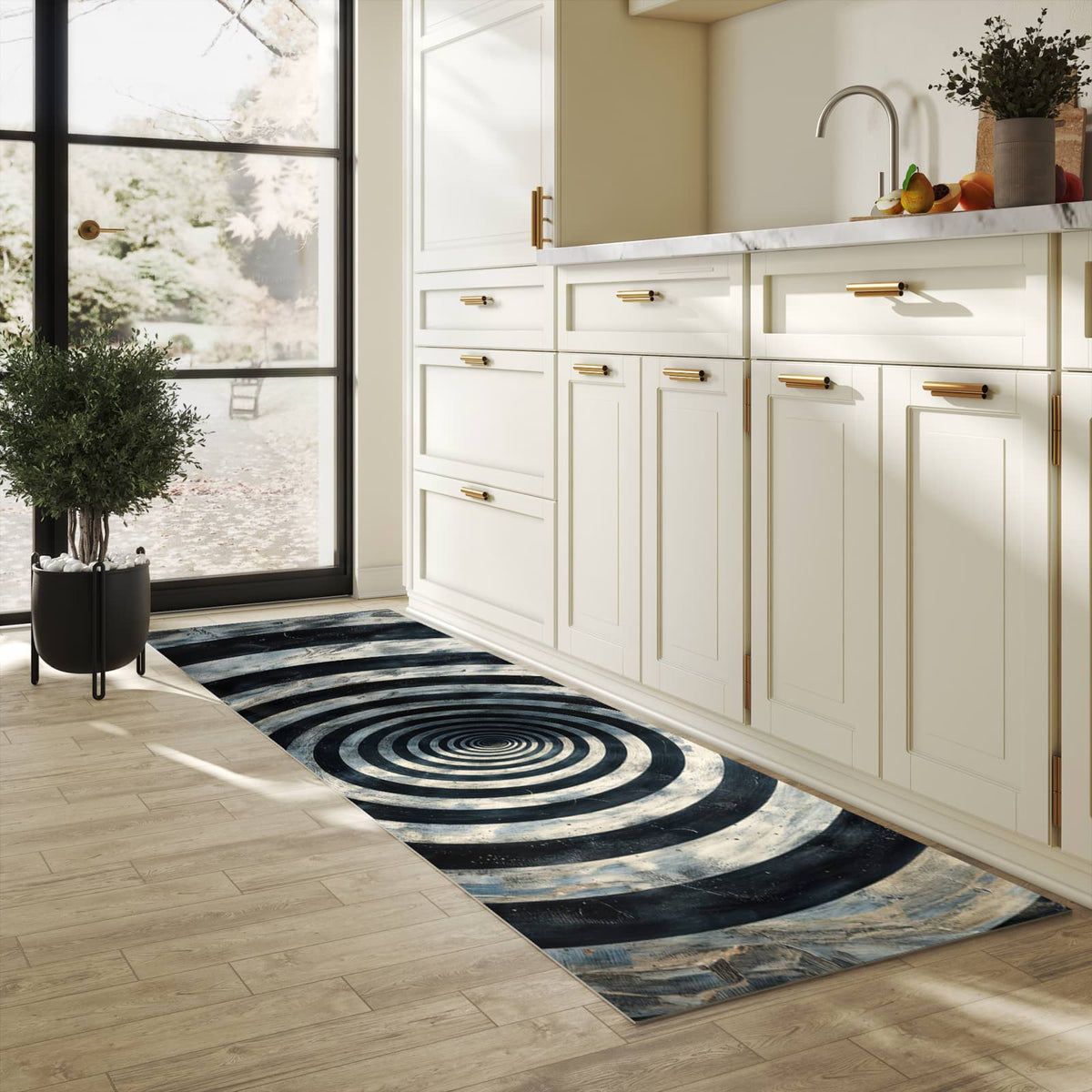Feuchtigkeitsresistenter Küchenteppich mit Motiv Hypnotische Spirale in heller Küche