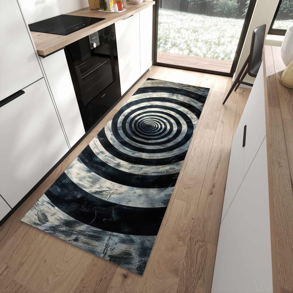 Formstabiler rutschfester Küchenläufer mit Motiv Hypnotische Spirale in moderner Küche