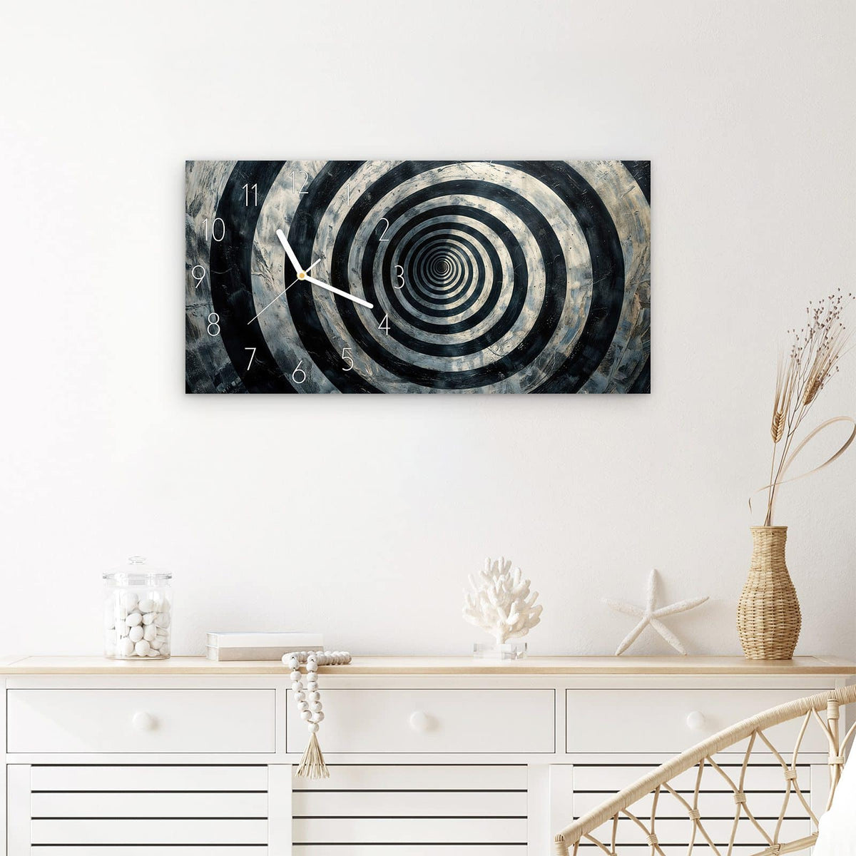 Wanduhr Hypnotische Spirale aus Glas – Querformat 60 × 30 cm – Schwarz-weiße Kreise mit Sogwirkung
