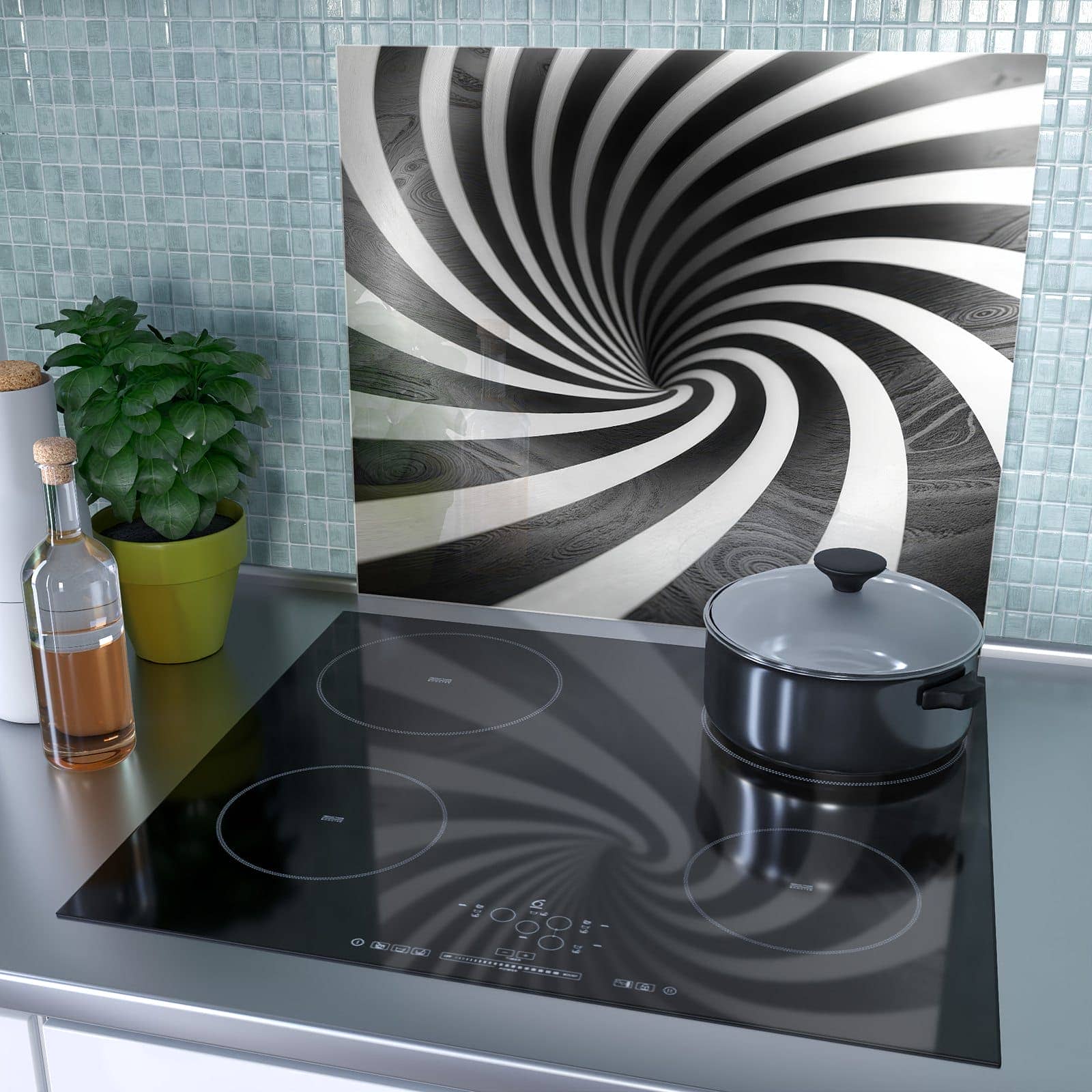 1-teilige Glasabdeckplatte für Ceranfeld mit Hypnotisches Muster-Motiv als Spritzschutz hinter dem Kochfeld