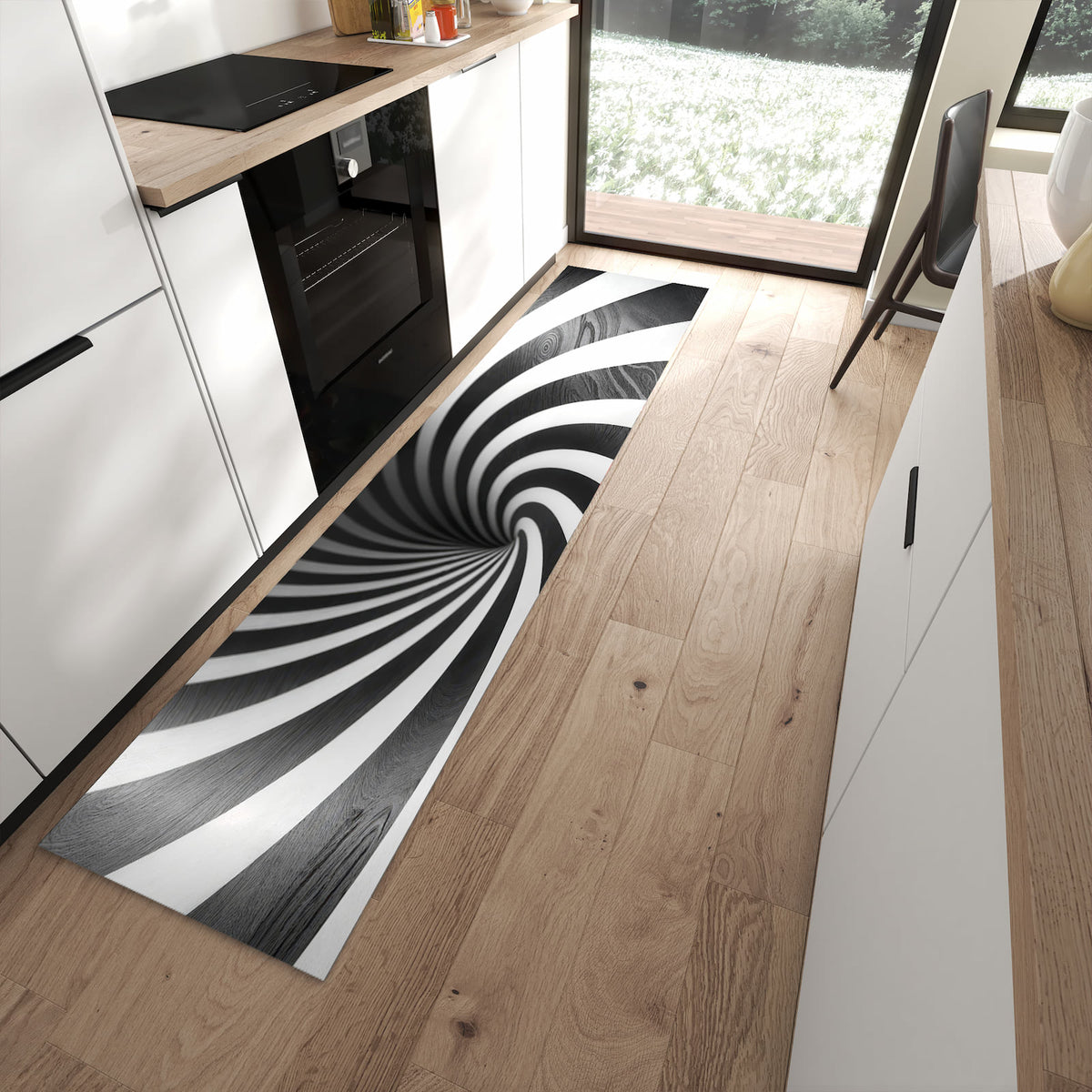 Waschbarer dünner Küchenteppich mit Motiv Hypnotisches Muster in moderner Küche